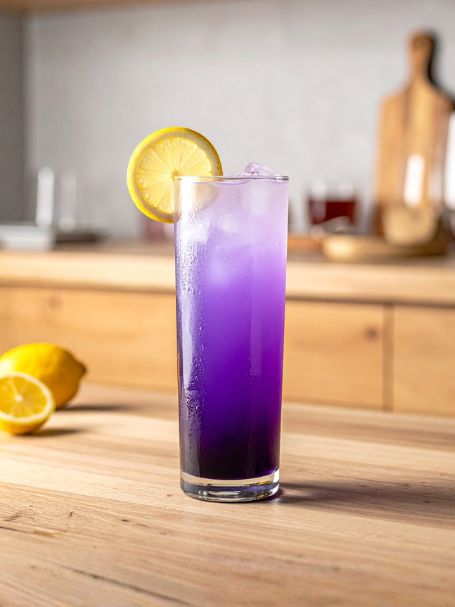 Cocktail Backstage avec Vodka Poliakov, crème de violette L'Héritier-Guyot et jus de citron jaune pressé servi dans un verre long drink avec une tranche de citron