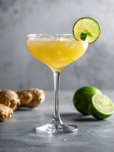 Cocktail Caraïb' Ginger avec nectar de maracuja, jus de citron vert, sirop de canne, rondelles de gingembre et sauce pimentée