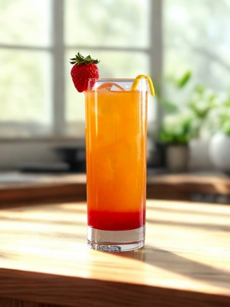 Mocktail Chantaco, à base de jus de pomme, jus de citron, jus de pamplemousse et sirop de fraise, dans un verre longdrink.