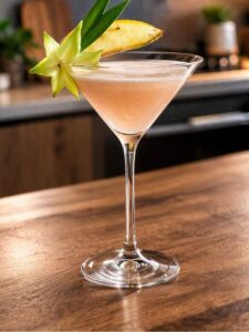 Cocktail à la crème de cerise,, vodka et nectar de banane servi dans un verre à cocktail décoré de fruits