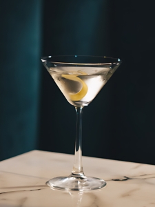 cocktail dry martini à partir gin london et vermouth dry, servi dans un verre à cocktail.