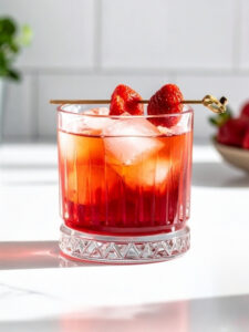 Cocktail Duval Sunset dans un verre old fashioned à base de Pastis de Marseille Duval et de nectar de fraise Caraïbos, avec des glaçons et une brochette de fraises sur le rebord du verre.