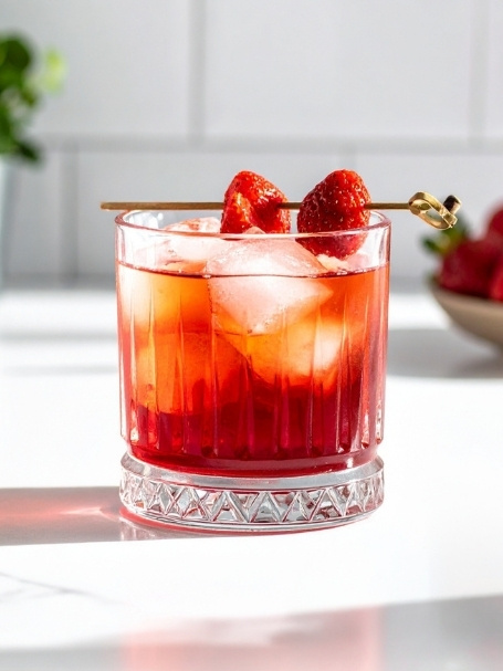 Cocktail Duval Sunset dans un verre old fashioned à base de Pastis de Marseille Duval et de nectar de fraise Caraïbos, avec des glaçons et une brochette de fraises sur le rebord du verre.
