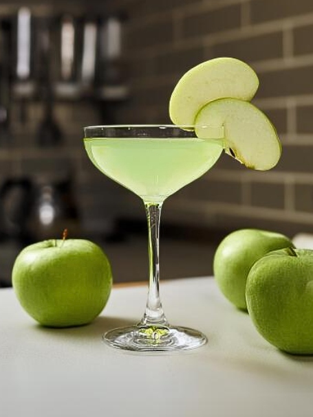 Cocktail Fresh Apple avec vodka, liqueur de pomme verte et jus de citron vert servi dans un verre à cocktail avec des pommes