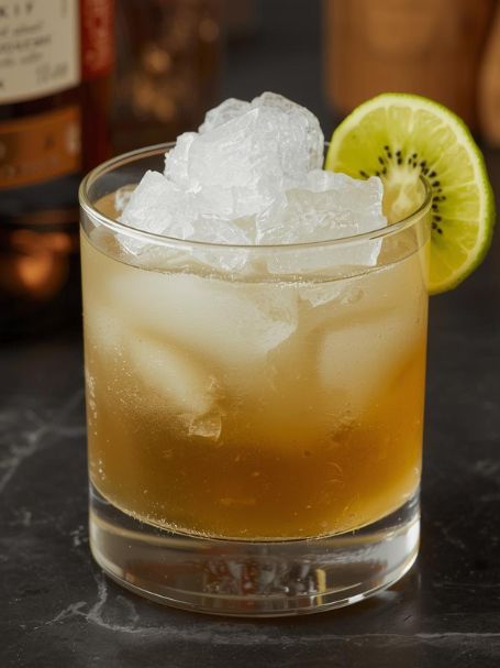 Cocktail au whisky sirop de kiwi et citron vert servi dans un verre décoré avec un kiwi