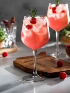 Cocktail La Raphaelle, dans un verre piscine, à bas de Saint Raphael ambré, de Gentiane Aveze, de Crème de framboise L'Héritier-Guyot et de Tonic, avec des glaçons.