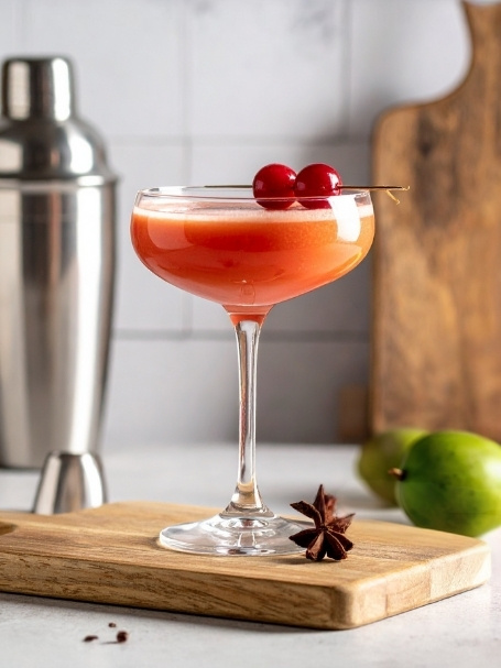 Cocktail l'Exotique à base d'anis, de crème de pêche et de nectar de goyave, sur un comptoir de cuisine avec une planche en bois.