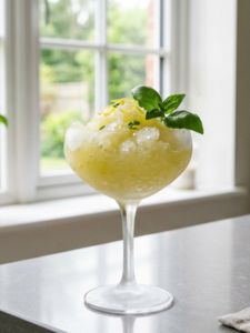 Cocktail granité limoncello basilic dans un verre givré posé sur un plan de travail de cuisine moderne