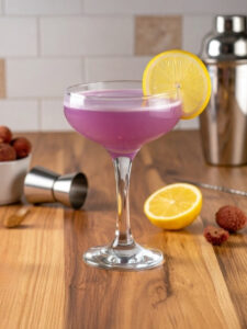 Cocktail litchi time à base de rhum blanc, de thé blanc à la rose, de nectar de litchi et de crème de mûre, sur un comptoir de cuisine en bois.