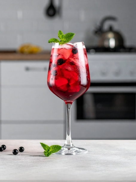 Cocktail Mêlée Cassis, à base de crème de cassis, vin rouge et limonade, dans un verre à vin.