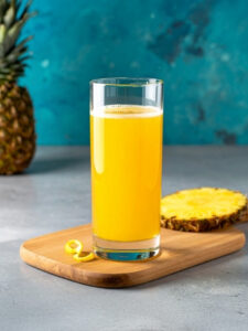 Cocktail Mellow Five à base de whisky, de jus de citron jaune, de sirop de miel et de jus d'ananas, sur une planche en bois.