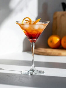 Cocktail Midnight Sunset à base de vodka, crème de mûre, sirop de canne et de l'orange.