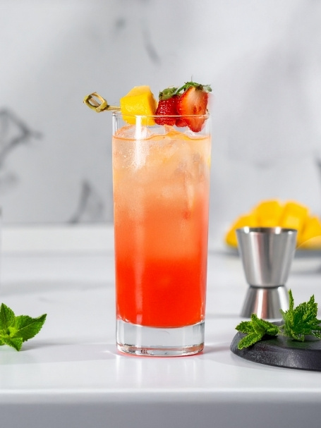 Cocktail Mint Mango à base de crème de mangue, d'aguacana, de nectar de fraise et de jus de citron vert. Dans un verre long drink.