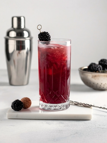 Cocktail Murmure et Chuchotement à base de cognac, de crème de mûre et nectar de litchi. Dans un verre long drink.