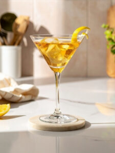 Cocktail Pétillant au Muscat, dans un verre à cocktail, à base de Muscat de Rivesaltes Dauré, de triple sec Marie Brizard, de tonic, de rondelle(s) citron jaune et d'un zeste citron jaune.