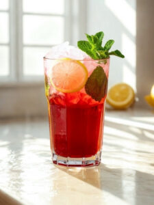 Cocktail Pink Mojito, dans un verre long drink, à base de porto rosé, de menthe, de citron jaune et de sucre.