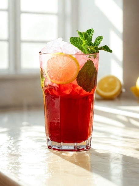 Cocktail Pink Mojito, dans un verre long drink, à base de porto rosé, de menthe, de citron jaune et de sucre.