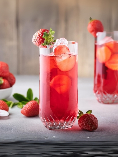 Mocktail à la fraise, au jus d'ananas, jus d'orange et jus de citron, dans un verre tumbler avec des glaçons.