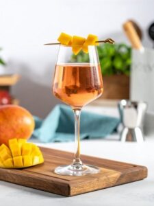 Cocktail Rose Mangue, dans un verre à cocktail, à base de vin rosé et de crème de mangue.
