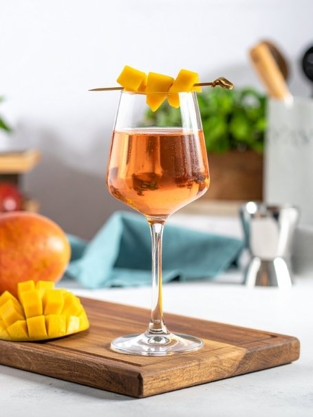 Cocktail Rose Mangue, dans un verre à cocktail, à base de vin rosé et de crème de mangue.