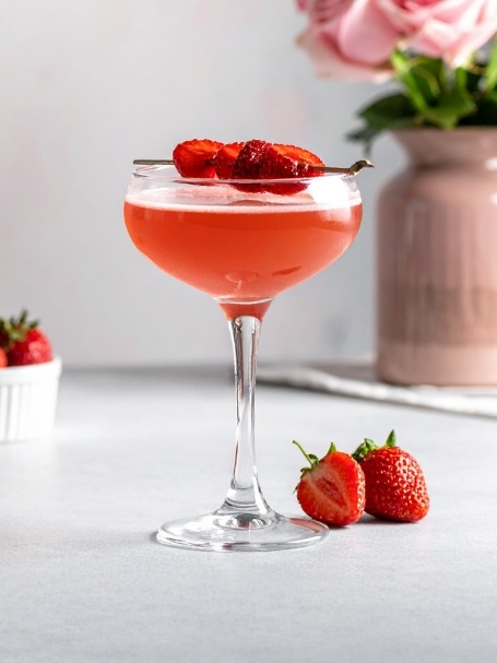 Cocktail Rosita à base de rhum blanc royal, de limonade à la rose et de nectar de fraise. Dans un verre à cocktail sans glaçons.