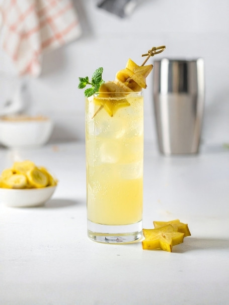 Cocktail Sainte Marie, à base de Rhum, de liqueur de banane, de sirop de citron et de tonic. Dans un verre long drink.