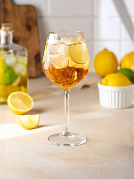 Cocktail Santo Libre dans un verre à cocktail, à base de Rhum ambré des îles Old Nick, de limonade, et de sirop de citron Sirop Sport.