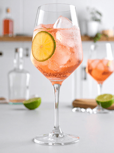 cocktail pétillant avec du prosecco et du sarti servi dans un verre ballon décoré avec une rondelle de citron.