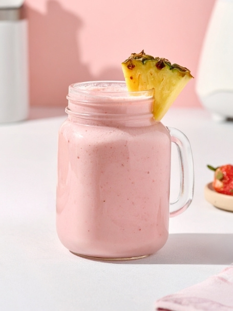 Cocktail Smoothie Pinky à base de jus d'ananas, de lait, de fraise et de pomme, dans une jar.
