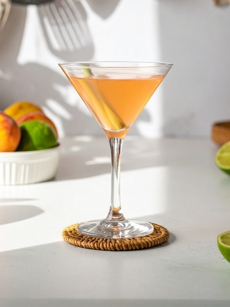 Cocktail So Peachy, à base de Gin, de crème de pêche et de jus de citron vert, dans un verre à cocktail.