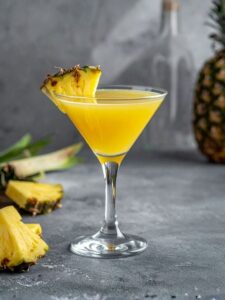 cocktail spicy planteur avec du rhum et des épices servi dans un verre décoré avec une tranche d'ananas