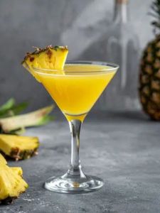 Cocktail spicy planteur avec du rhum et des épices, avec du nectar de maracuja, servi dans un verre décoré avec un tranche d'ananas