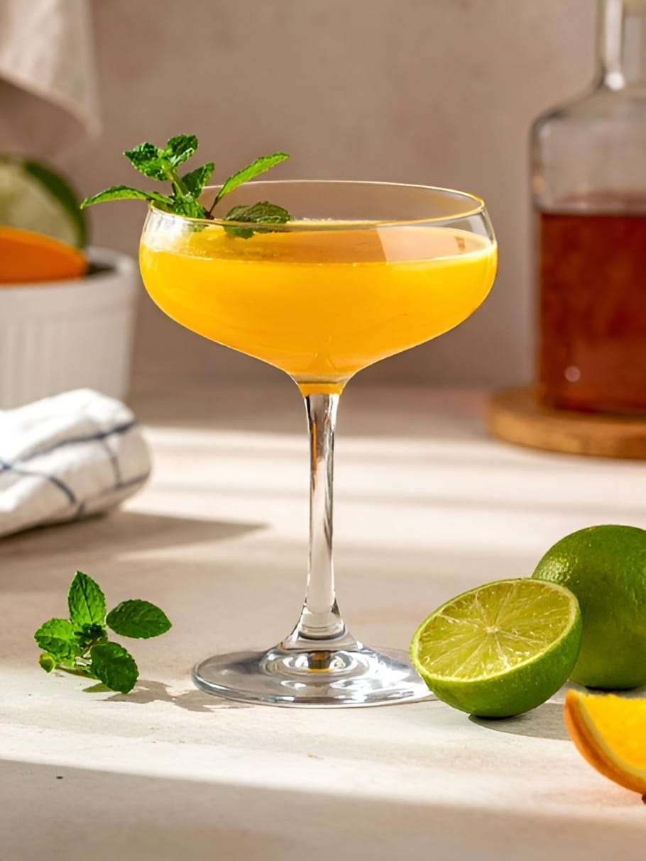 Cocktail Spicy Treat dans un verre à cocktail, à base de Rhum VO Dillon, de jus d'orange, de jus de citron vert pressé, de sirop de canne roux Canadou, de feuilles Menthe fraîche, et de sauce pimentée.