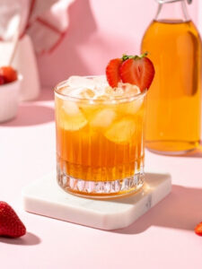 Cocktail sans alcool, Strawberry & Vanilla Rainbow, dans un verre Old Fahsioned, à base de jus de pomme, de sirop de vanille et de fraise(s).