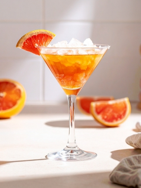 Cocktail Sweet&bitter dans un verre à cocktail, à base de Gentiane Aveze, de pamplemousse, de sucre roux et d'eau gazeuse, avec de la glace pilée.