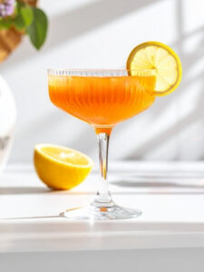Cocktail Sweet Moment dans un verre à cocktail, à base de Bourbon straight whiskey 6 ans Old Virginia, de nectar d'abricot, de sirop de grenadine Sirop Sport, de jus de citron jaune pressé et d'une rondelle de citron jaune sur le rebord du verre.
