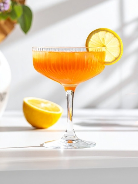Cocktail Sweet Moment dans un verre à cocktail, à base de Bourbon straight whiskey 6 ans Old Virginia, de nectar d'abricot, de sirop de grenadine Sirop Sport, de jus de citron jaune pressé et d'une rondelle de citron jaune sur le rebord du verre.