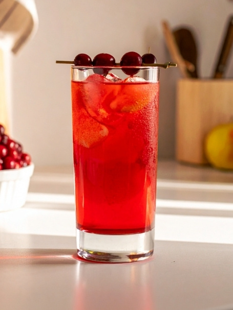 Cocktail The Maple Berry, dans un verre long drink, à base de Whisky canadien Sam Barton, de jus de pomme et de jus de cranberry.