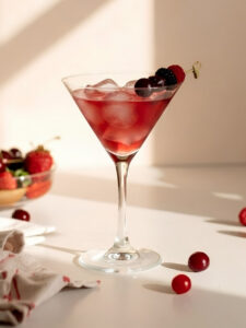 Cocktail Thessaloniki dans un verre à cocktail, à base de Muscat de Samos Olympio, de nectar de fraise Caraïbos et de liqueur de cerise, avec des glaçons et une brochette de fruits rouges.