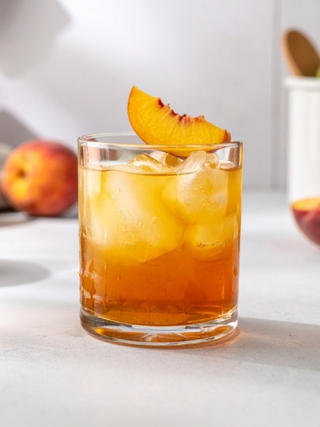 Cocktail Ti'Peach dans un verre old fahsioned, à base de Rhum VO Dillon, de Crème de pêche L'Héritier-Guyot, de Jus de citron vert pressé et de 2 tranches Gingembre, avec des glaçons et un morceau de pêche sur le rebord du verre.