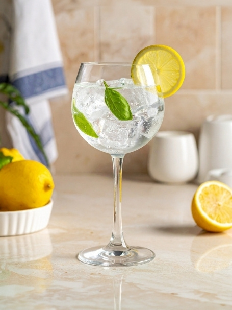 Cocktail Tonic Yourself dans un verre piscine, à base de Gin London dry Gibson's, de tonic, de 2 feuilles Basilic frais et d'un zeste citron jaune, avec des glaçons.