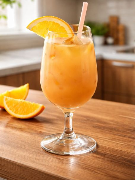 Cocktail tropical avec jus de goyave et de banane servi dans un verre avec une tranche d'orange