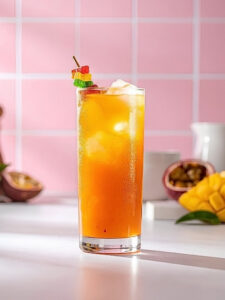 Cocktail sans alcool Tutti Quanti dans un verre long drink, à base de Nectar de maracujà Caraïbos, Nectar de fraise Caraïbos, Nectar de goyave Caraïbos et de Nectar de mangue Caraïbos, avec des glaçons et avec une brochette de bonbons sur le rebord du verre.