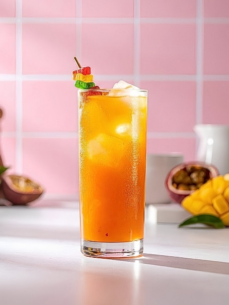 Cocktail sans alcool Tutti Quanti dans un verre long drink, à base de Nectar de maracujà Caraïbos, Nectar de fraise Caraïbos, Nectar de goyave Caraïbos et de Nectar de mangue Caraïbos, avec des glaçons et avec une brochette de bonbons sur le rebord du verre.