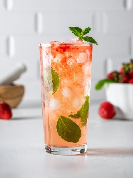 Cocktail Valauria Sweet Mojito à base de Muscat, d'eau gazeuse, de feuilles de menthe et de sirop de fraise, dans un verre à mojito avec de la glace pilée.