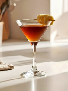 Cocktail Vegas Dream dans un verre à cocktail, à base de Blended Scotch Whisky Label 5, de liqueur de cerise et de nectar de banane Caraïbos.