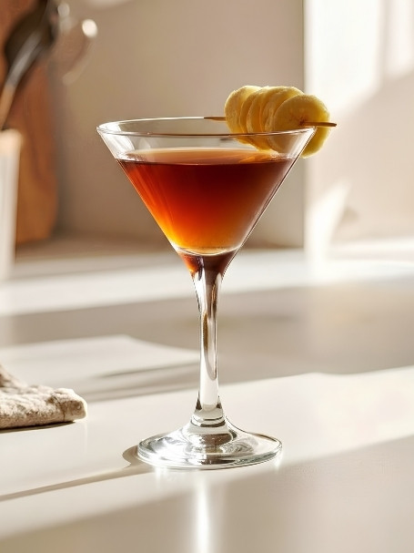 Cocktail Vegas Dream dans un verre à cocktail, à base de Blended Scotch Whisky Label 5, de liqueur de cerise et de nectar de banane Caraïbos.