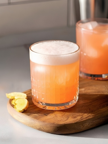 Cocktail signature Venezzio Sour, dans un verre old fahsioned, à base de Bitter sans alcool Venezzio, de Jus de citron jaune pressé, de Sirop de canne Canadou, de tranches Gingembre et de quartiers d'Orange.
