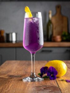 cocktail violine avec vin blanc et crème de violette servi dans un verre à vin avec un zeste de citron