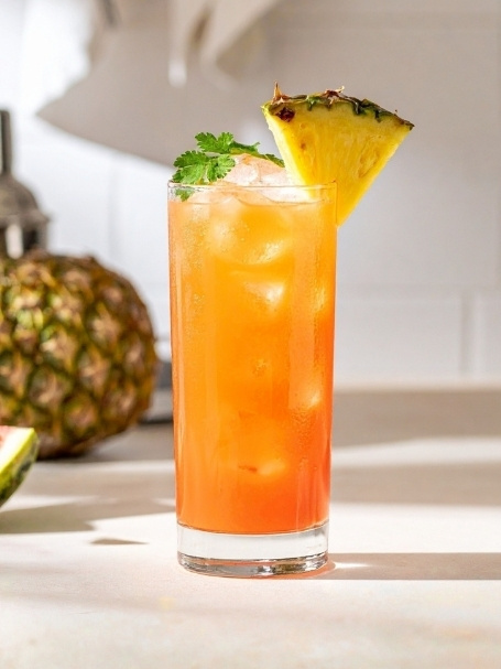 Cocktail Watermelon Fire dans un verre à cocktail, à base de Rhum ambré Saint James, de Crème de mangue L'Héritier-Guyot, de Jus de pastèque, de Jus d'ananas Caraïbos, de feuilles Coriandre et d'un spray Bitter Angostura, avec des glaçons et une tranche d'ananas.